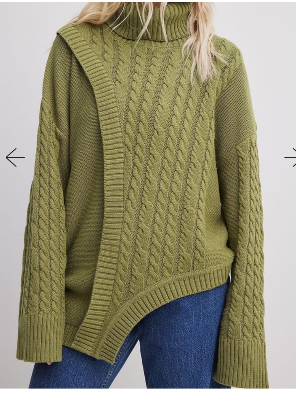 NA-KD Olive Green Cable Knit Asymmetric Turtleneck Sweater
